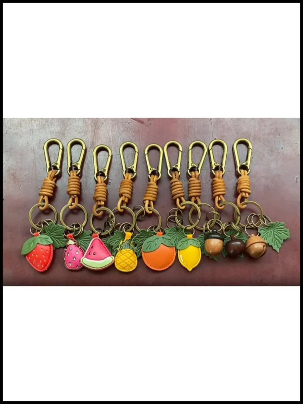 Leather Fruit Keychain with Metal Clasps - Bag Charm, Key Organizer